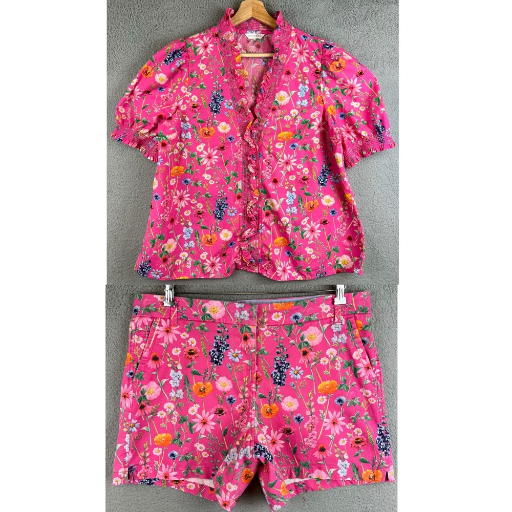 Crown & Ivy Pink Floral Matching Set Ruffle Blouse & Shorts Top-Large / Short-12
